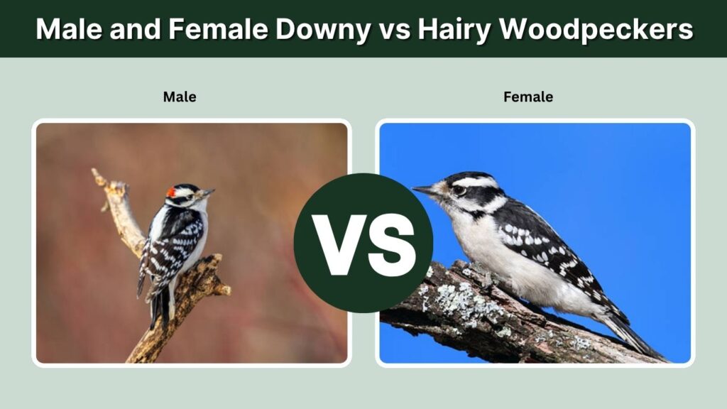 Male and Female Downy vs Hairy Woodpeckers